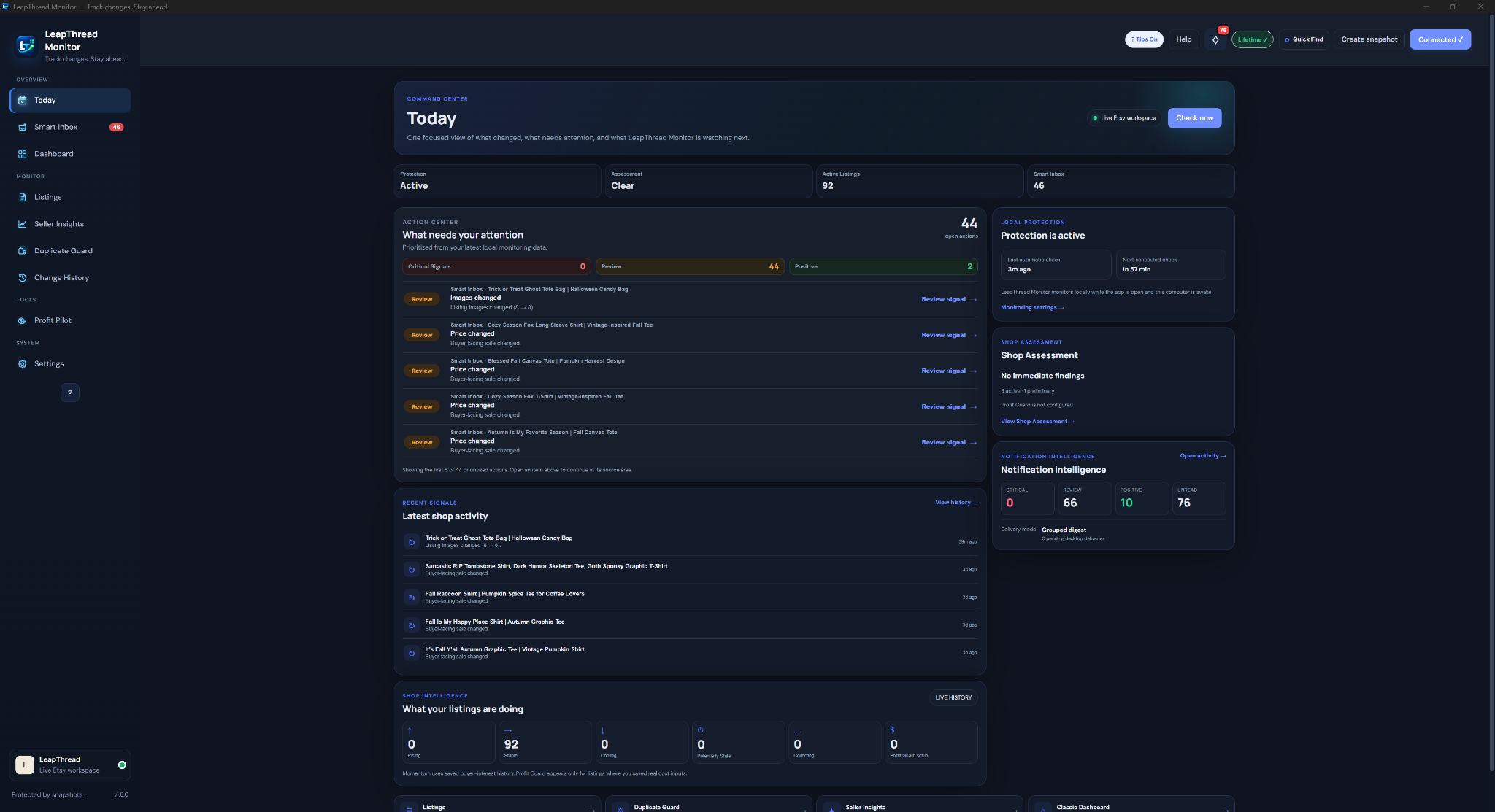 LeapThread Monitor Today view showing prioritized monitoring activity, shop assessment, notification intelligence, and recent signals.